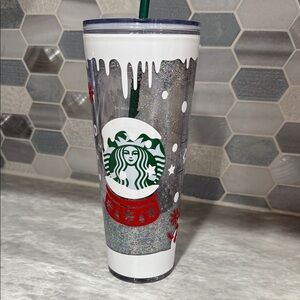 Starbucks Glitter Snow Globe Tumbler with Green Straw